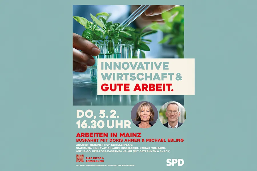 Plakat Wirtschaft und Biotechnologie in Mainz Busfahrt mit Doris Ahnen und Michael Ebling