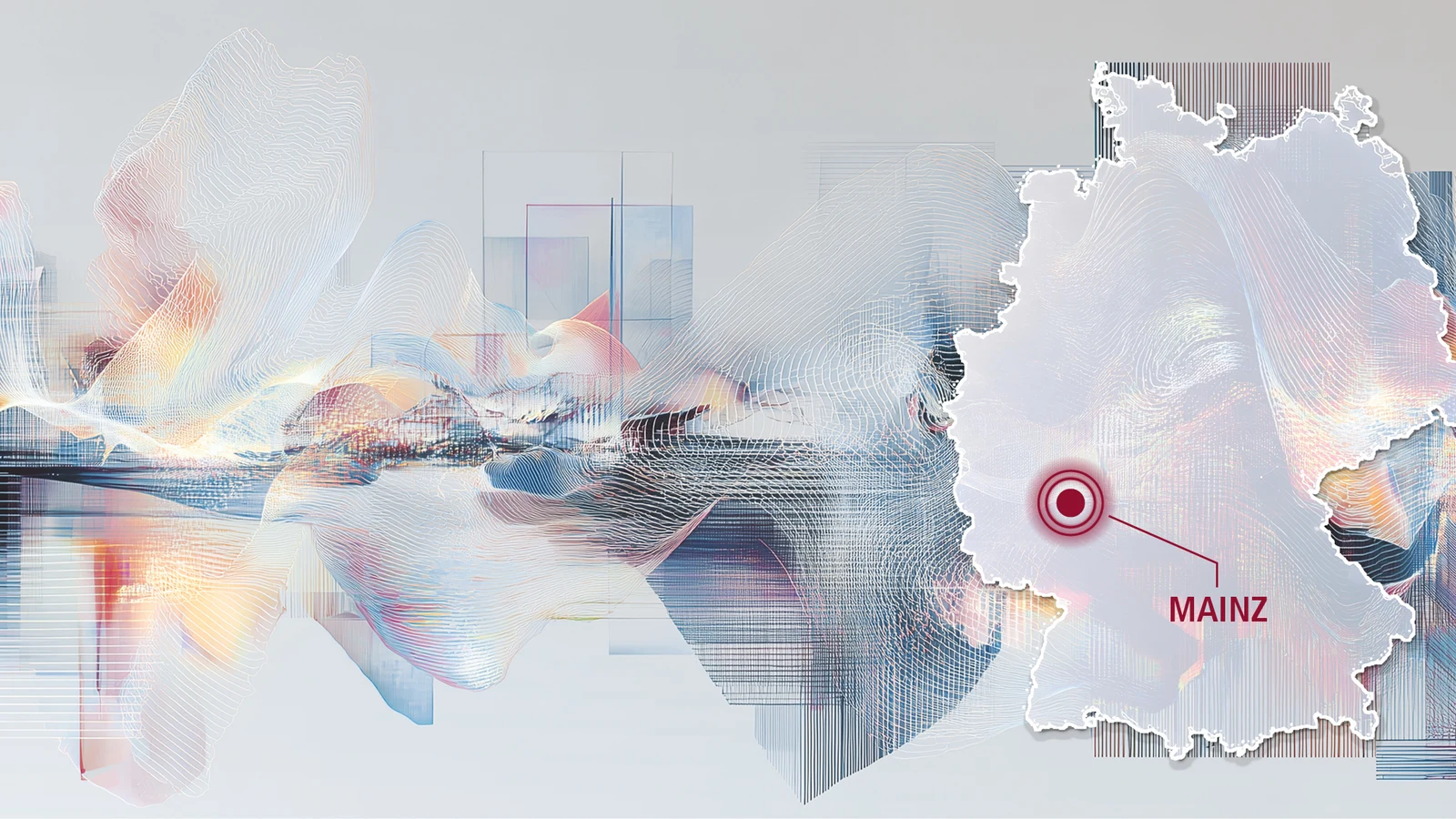 Abstrakte Datenlandschaft mit Deutschlandkarte und markiertem Standort Mainz